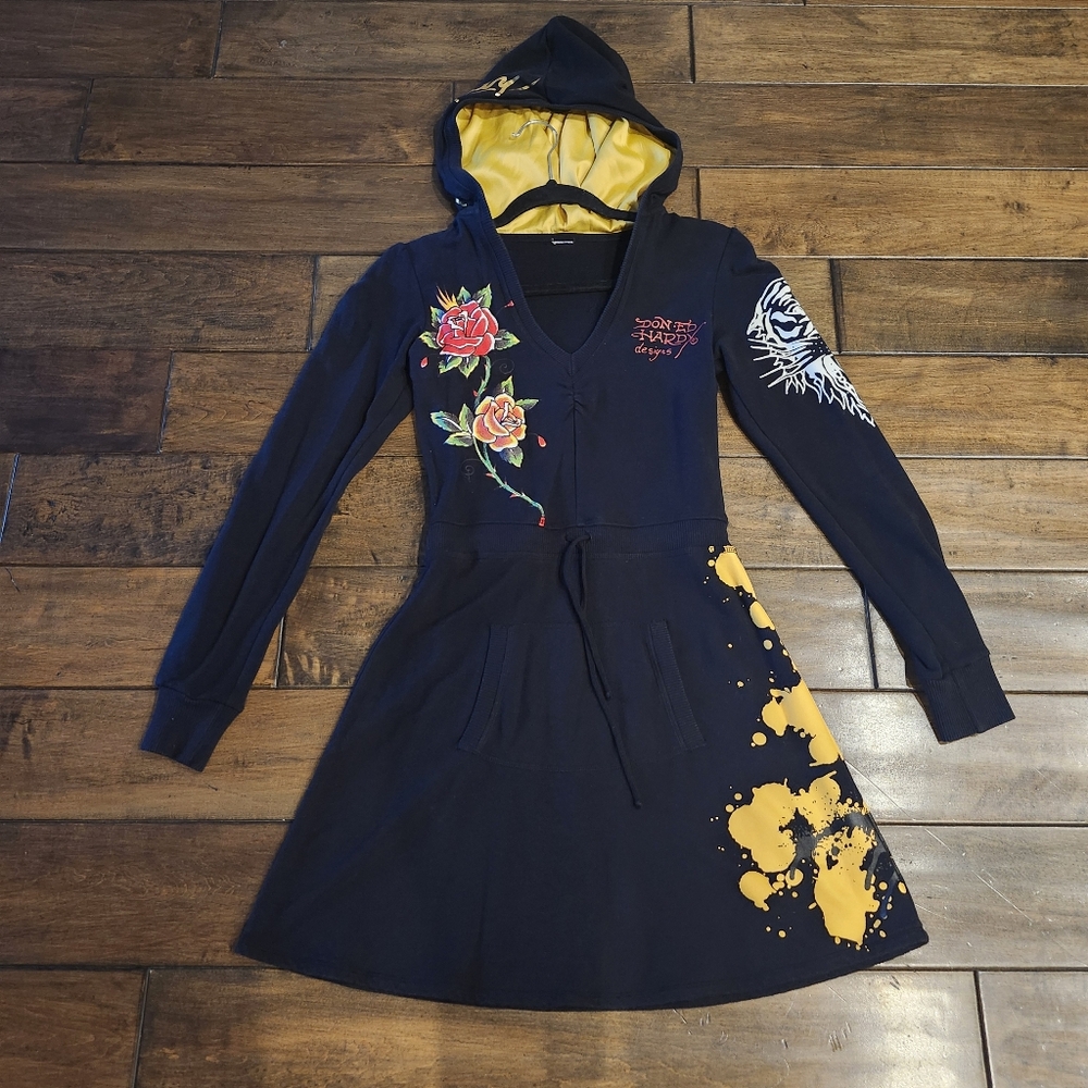 ED HARDY Black Hoodie Dress with Floral and Graphic Design SZ S
